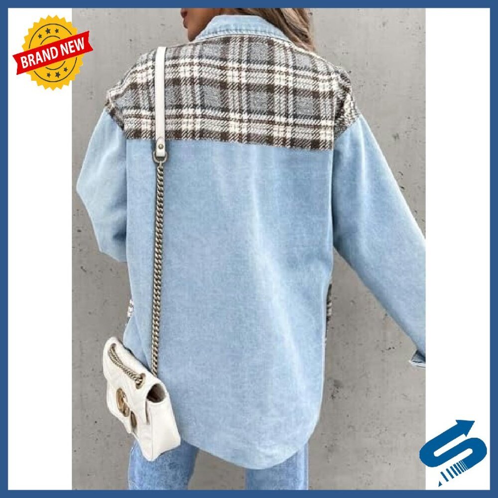Oversized Denim Plaid Shacket Button Down Long Sleeve Distressed Jacket - Picture 7 of 8